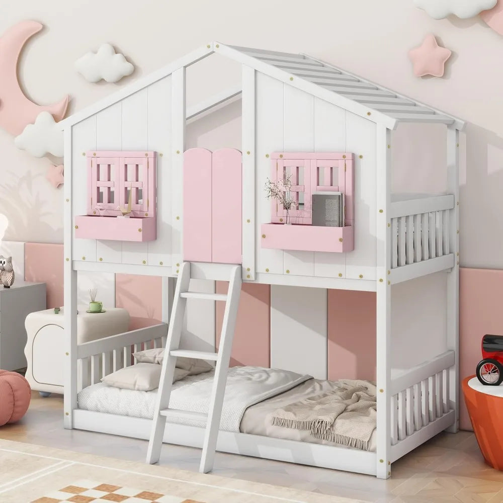 Floor House Bunk Bed with Low Bunker Bed Twin Over Twin