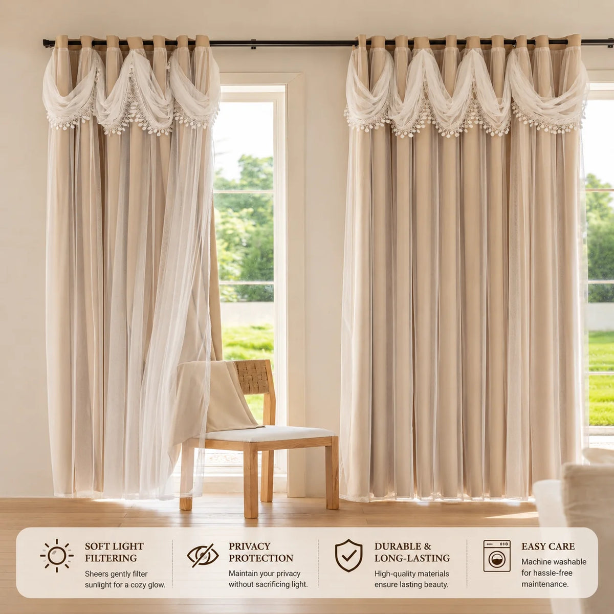 Elegant Wave Valance Blackout Curtains with Layered Sheer Drapes