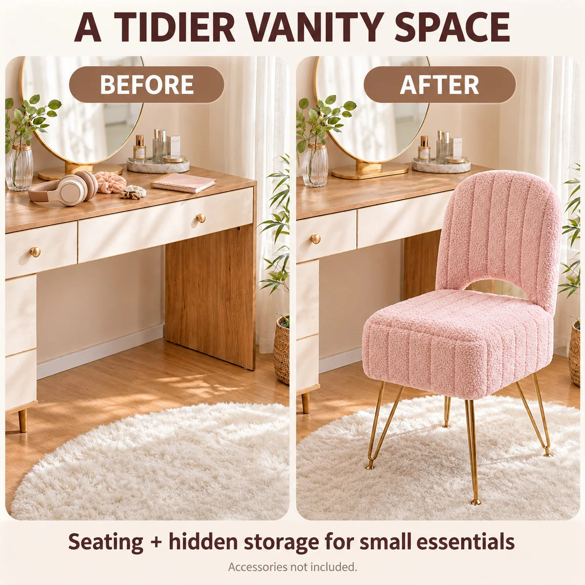 Storage Vanity Chair with Adjustable Folding Backrest
