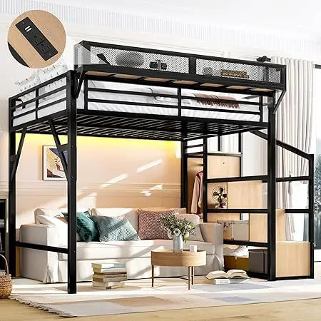 Metal Loft Bed Frame with Storage Stairs, Side Shelf, Wardrobe, USB Ports, and LED Lighting