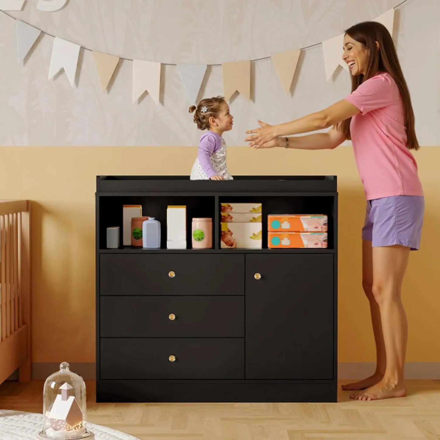 Wooden Diaper Changing Station with 3 Drawers Changing Table Dresser