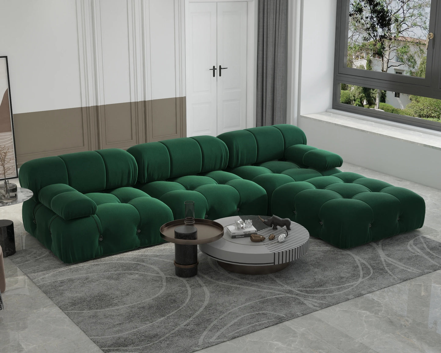 Modern L-Shaped Velvet Couch with Reversible Ottoman