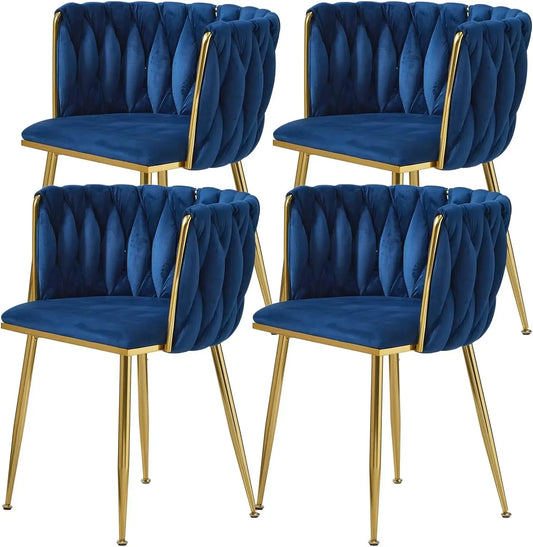 Dining Room Woven Velvet Upholstered Chairs with Golden Metal Legs