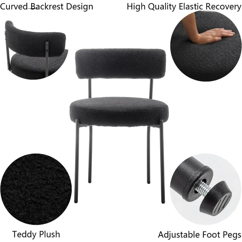 Upholstered Round Modern Buckle Dining Chairs with Black Metal Legs Set