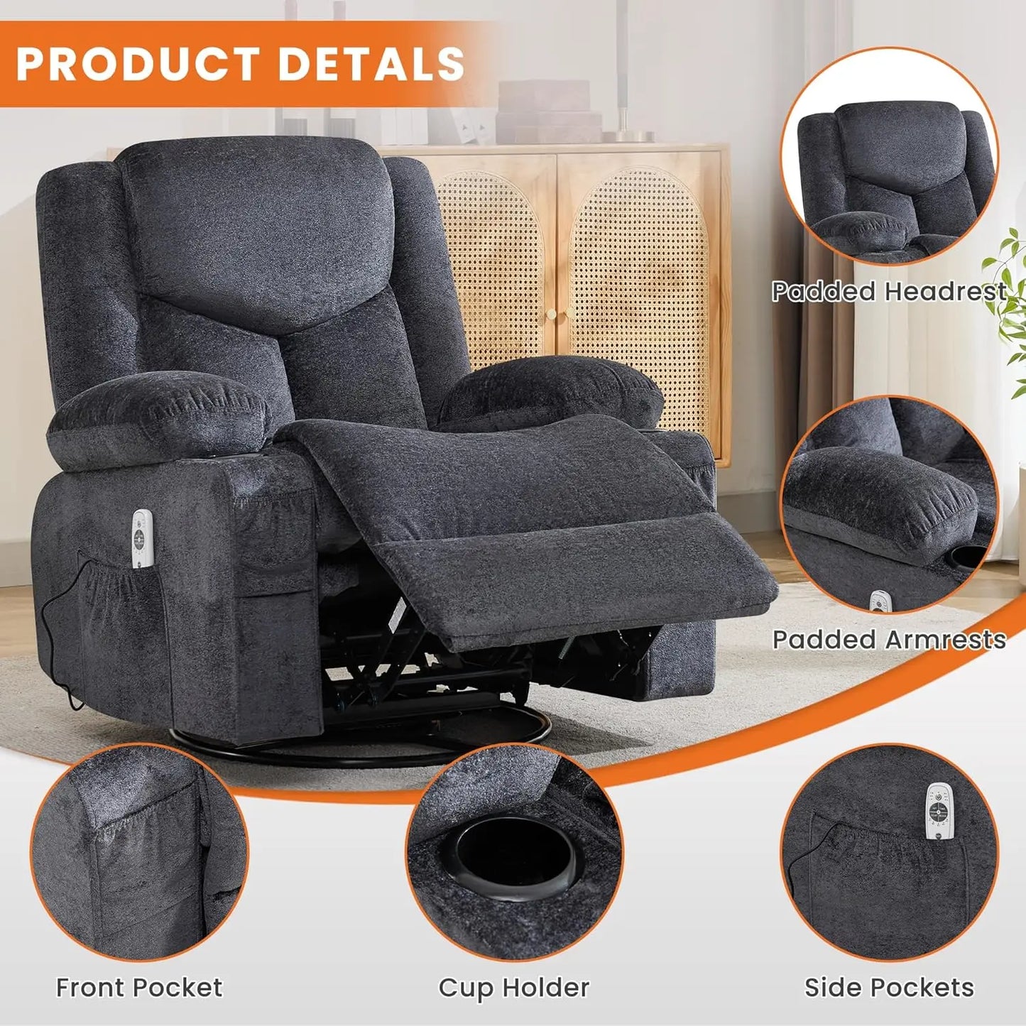 Swivel Recliner Chair w/ Massage & Heat