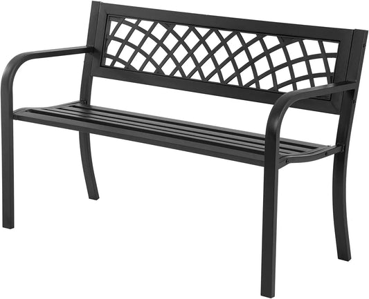 Iron Steel Frame Patio Bench with Mesh Pattern and Plastic Backrest