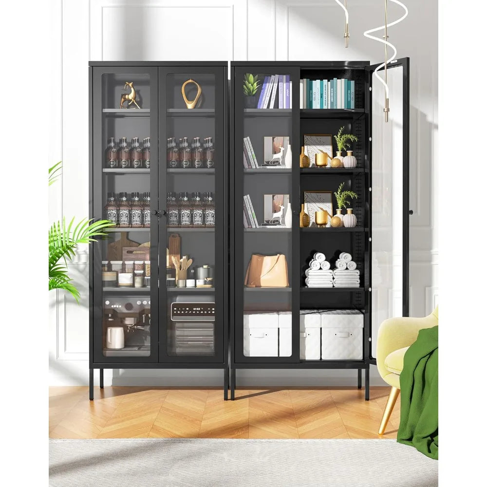Tall Curio Black Steel Metal Glass Display Cabinet with Doors and Shelves