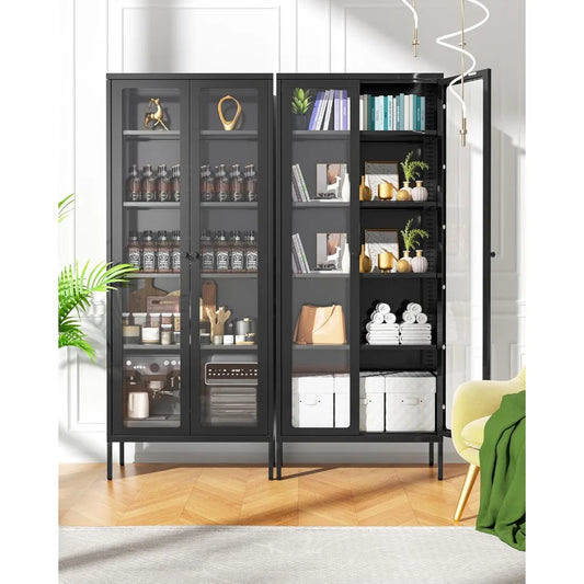 Tall Curio Black Steel Metal Glass Display Cabinet with Doors and Shelves