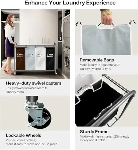 Rolling Laundry Organizer Cart With Locking Casters & Washable Oxford Fabric Bins