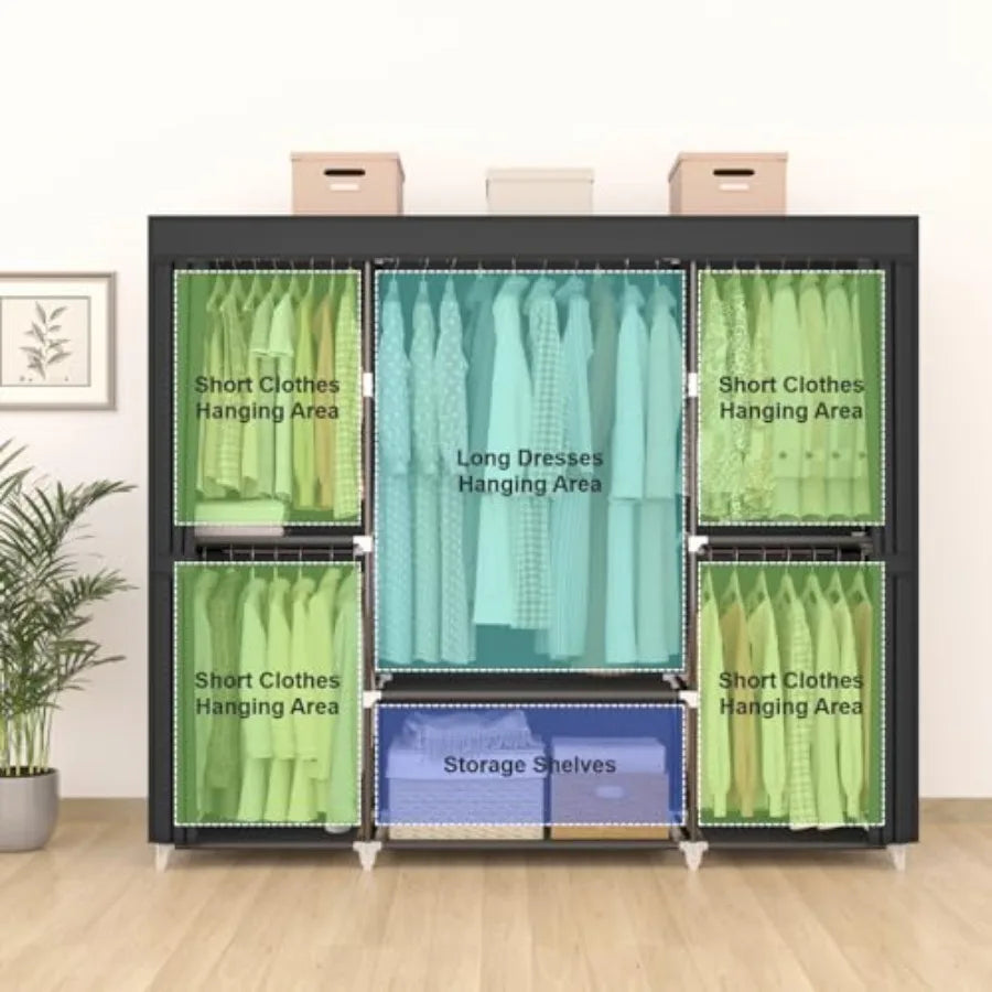 Portable Closet Wardrobe with Non-Woven Fabric Cover 5 Hanging Rods
