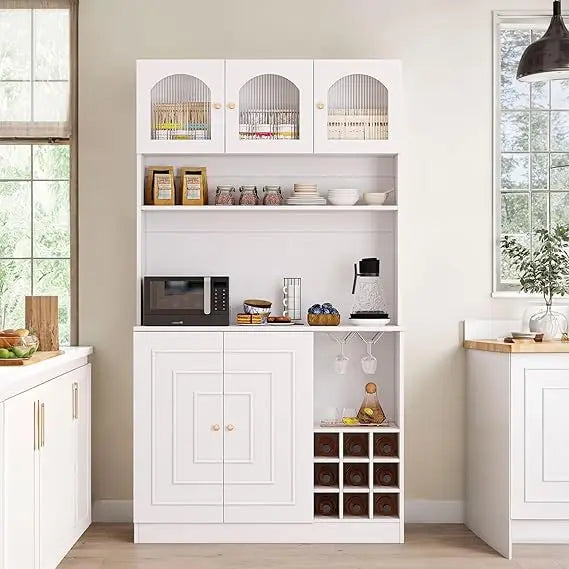 Kitchen Pantry Cabinet with Microwave Shelf & Wine Glass Rack Storage Buffet