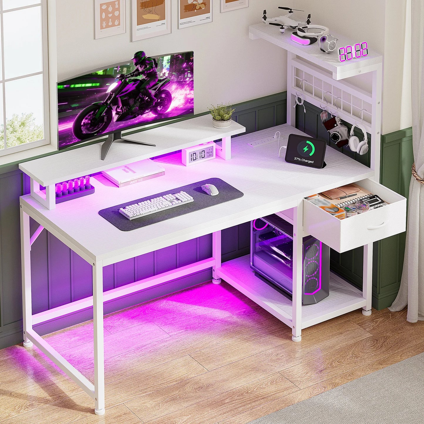 Computer Desk with Power Outlets RGB LED Lights