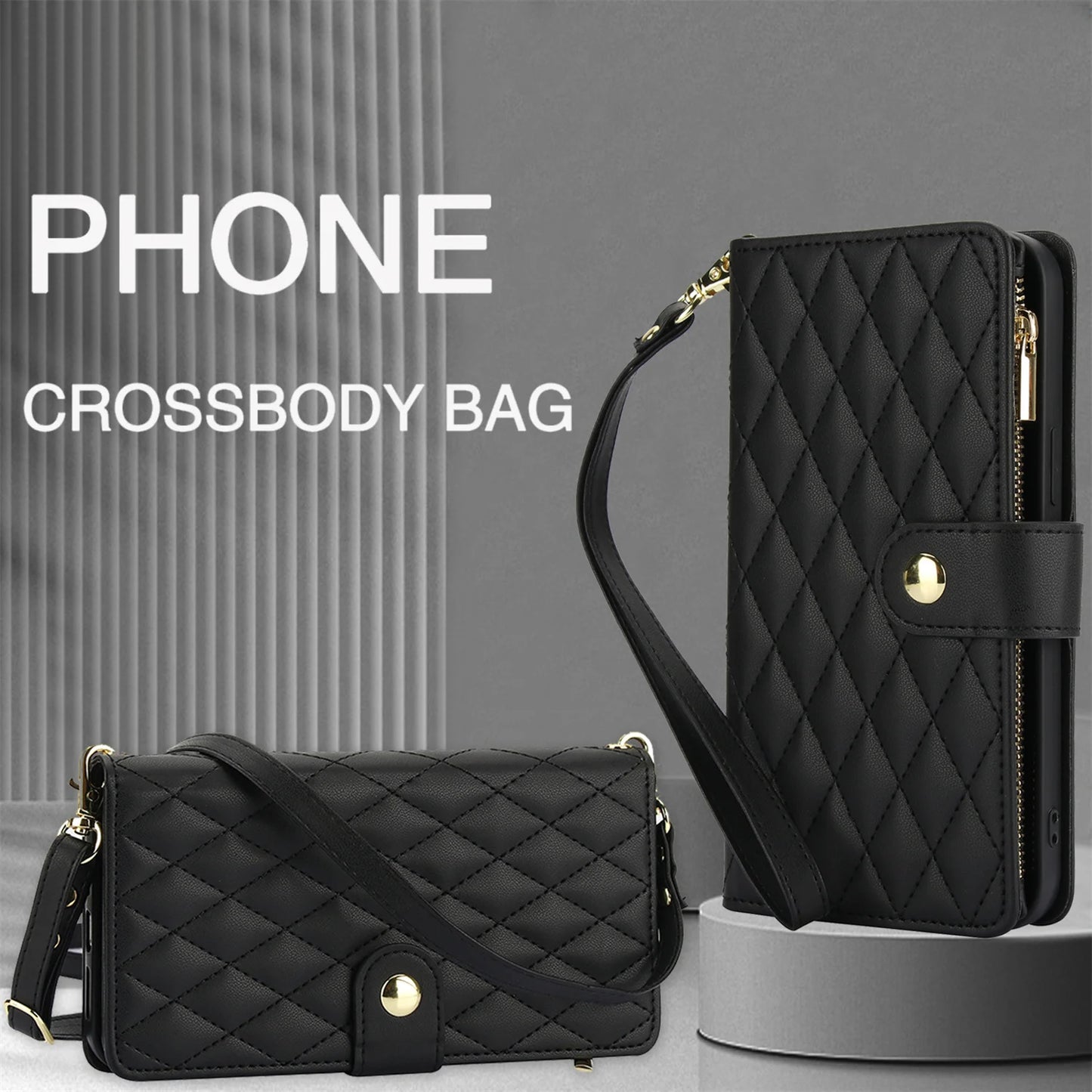 Cross-body PU Leather Wallet Flip Case with Zipper Card Slot