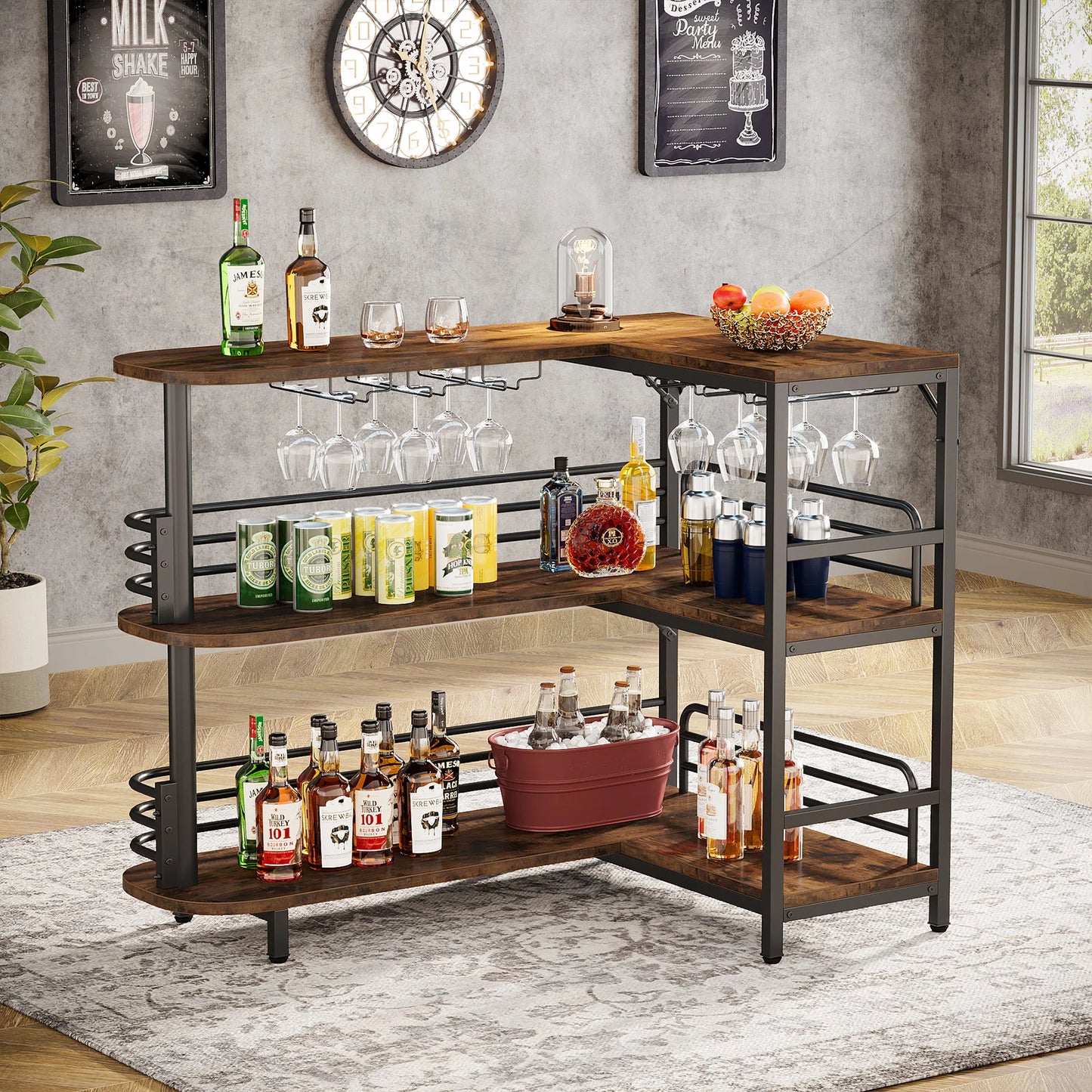 Dining Room 3 Tier Liquor Bar Table with Storage Shelves and Wine Glasses Holder