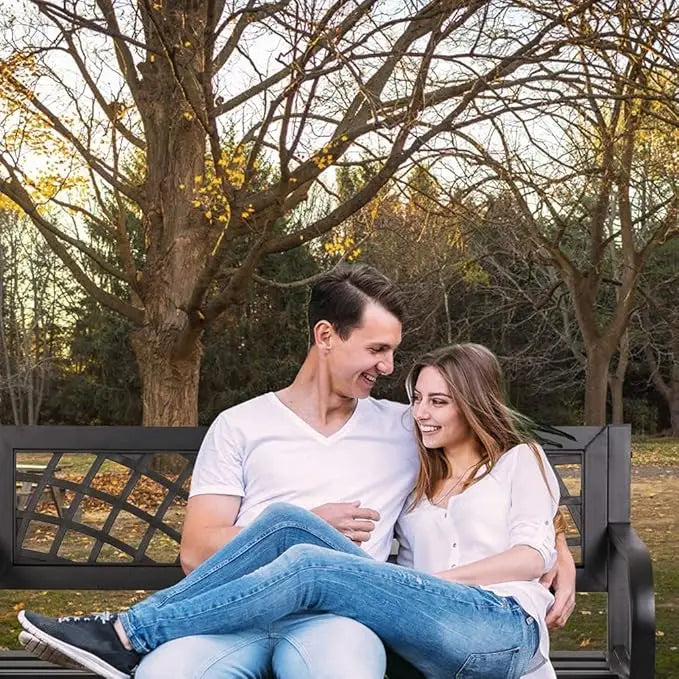 Iron Steel Frame Patio Bench with Mesh Pattern and Plastic Backrest