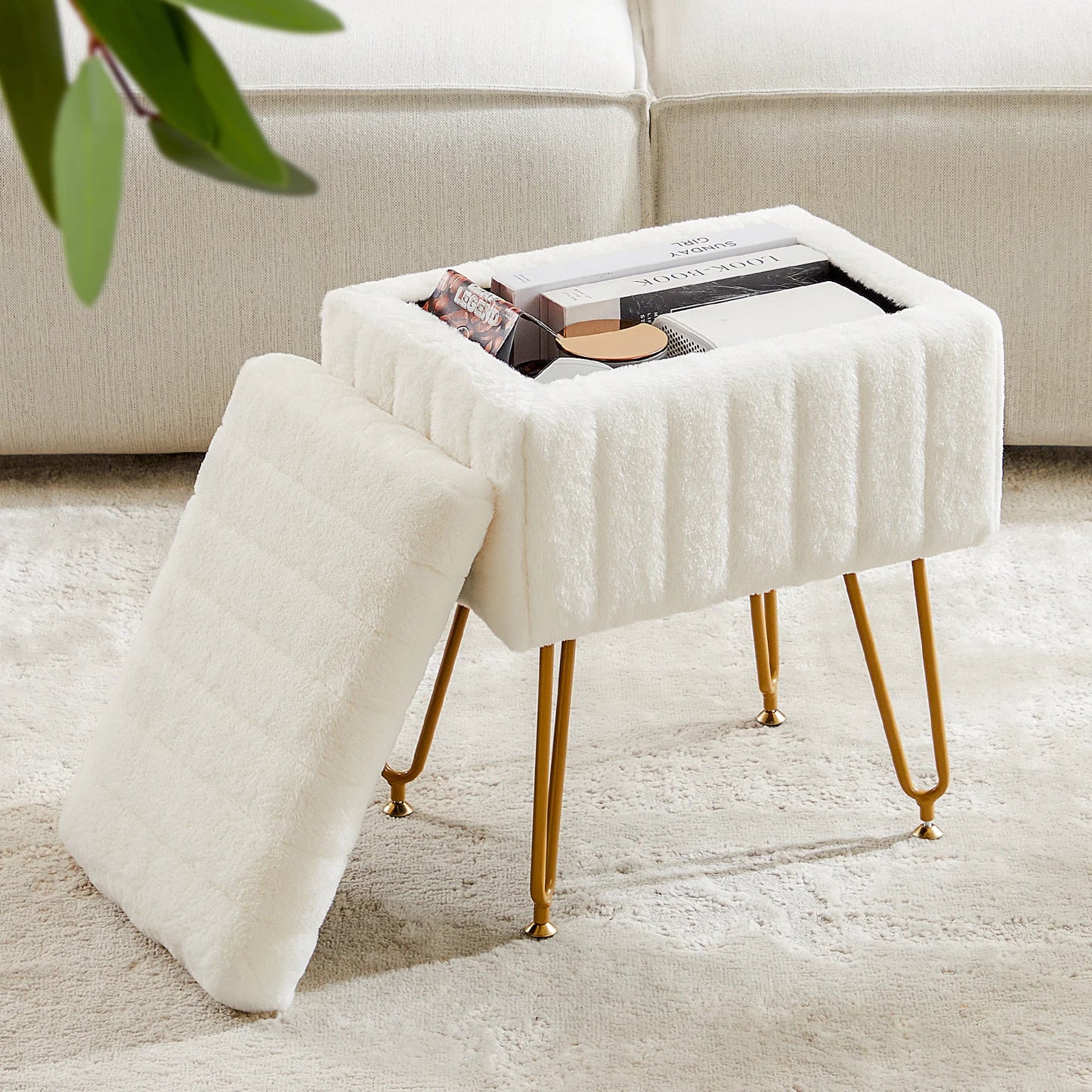 Faux Fur Stools & Ottomans Padded Makeup with 4 Metal Legs