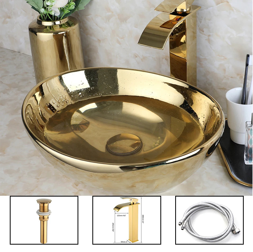 Gold Ceramic Luxury Bathroom Vessel Sink Set