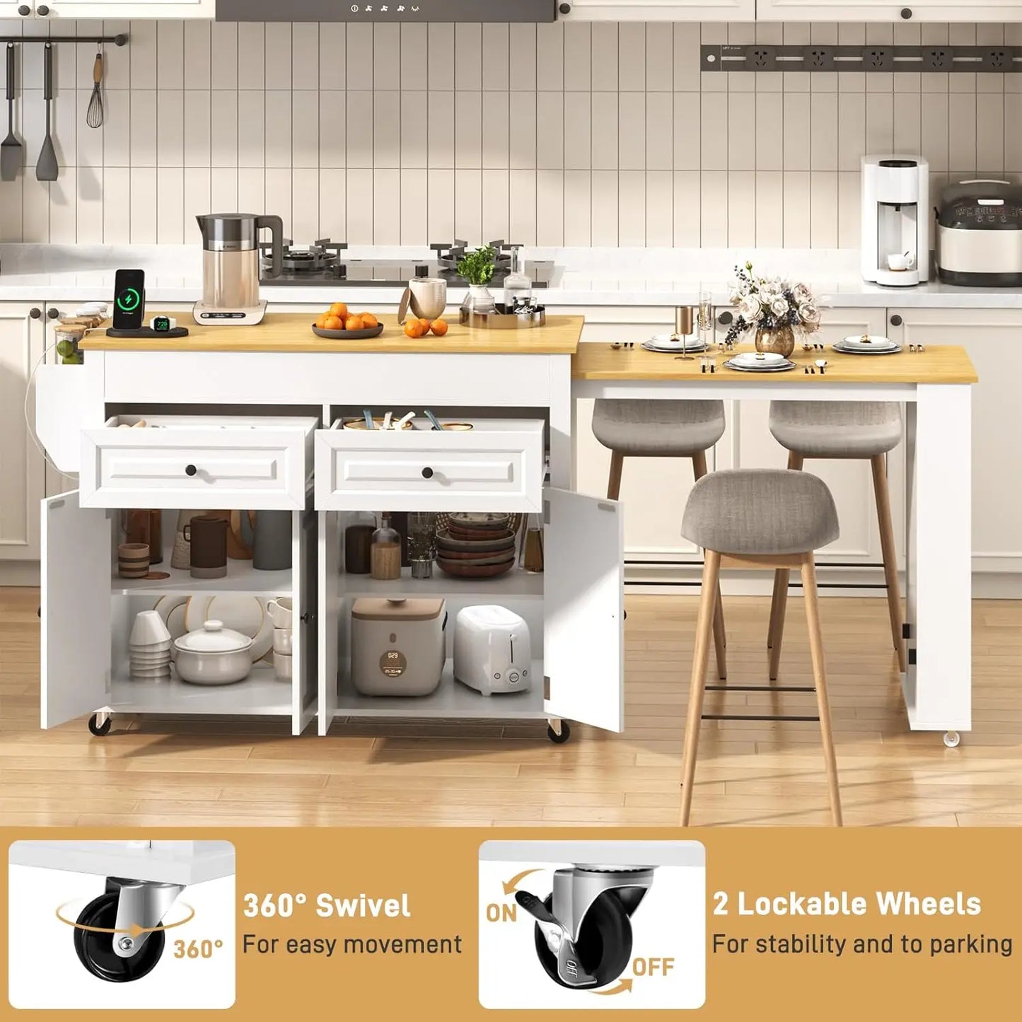 Large Mobile Extendable Dining Table and Power Outlet