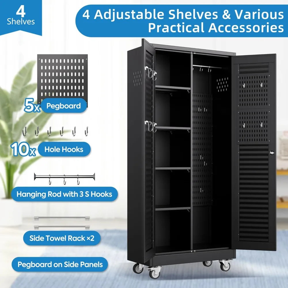 Lockable Metal Storage Cabinet with Wheels