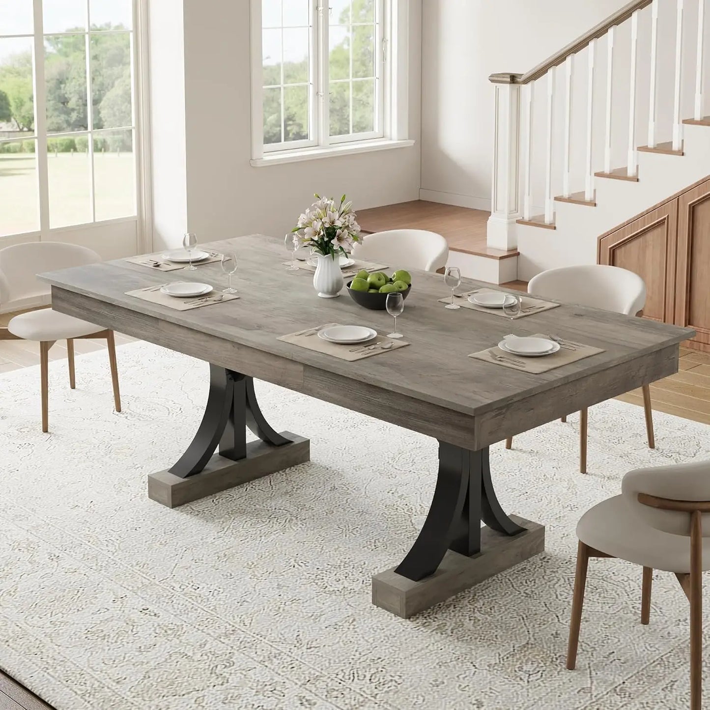 Wooden Dining Table with Rectangular Dining Tabletop & Double Pedestal
