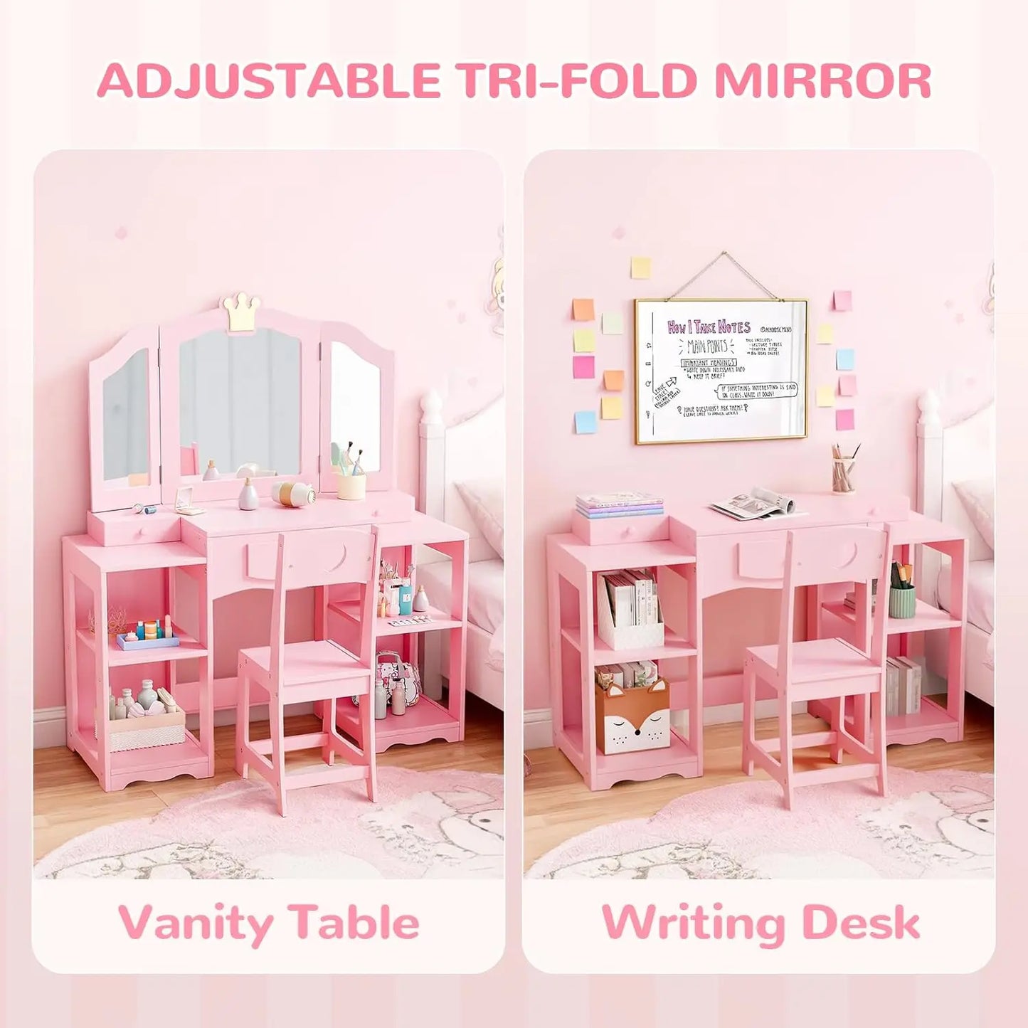 Extra-Wide Tri-Fold Mirror Vanity Table & Chair Set