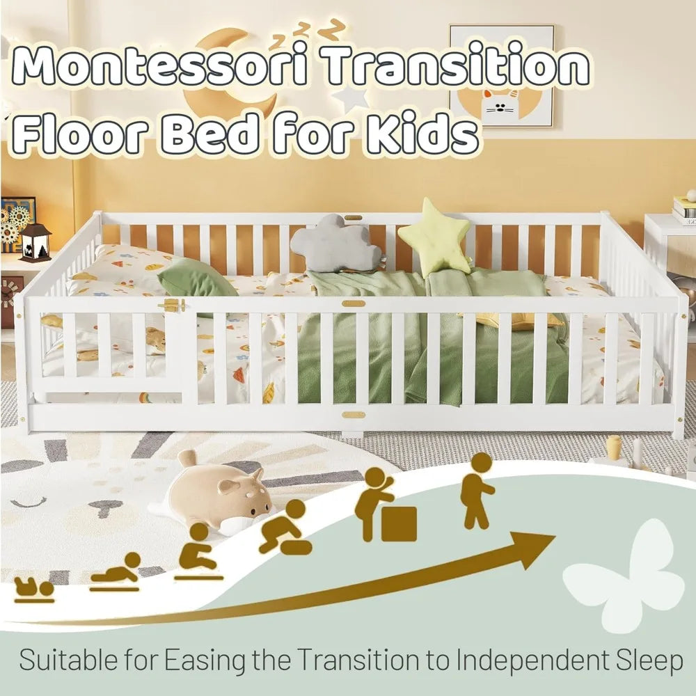 Queen Bed with Rubber Wood, Safety Rails, Slats, and Convertible Door