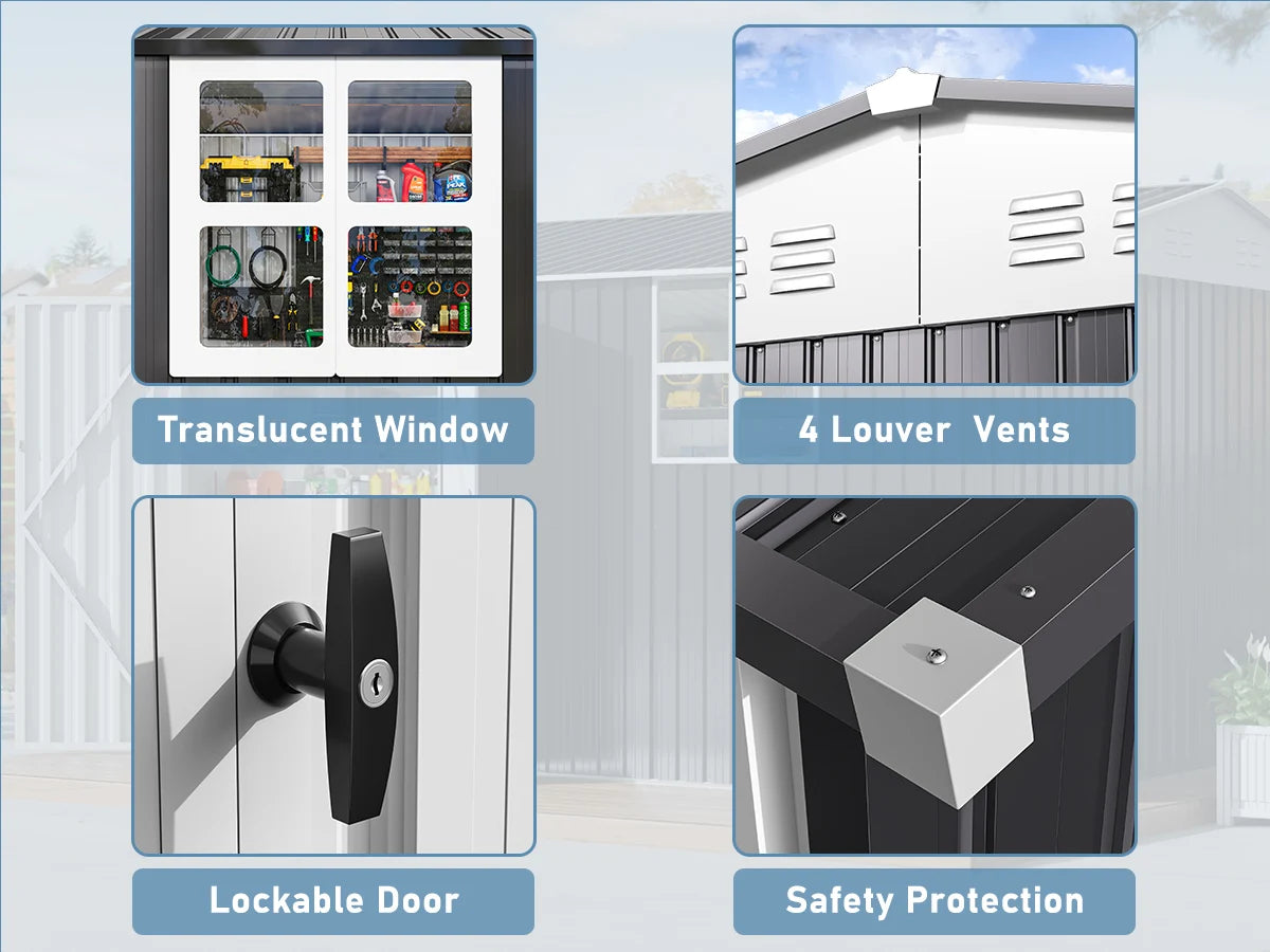Heavy-Duty Metal Frame Storage with Window and Lockable Tool Shed