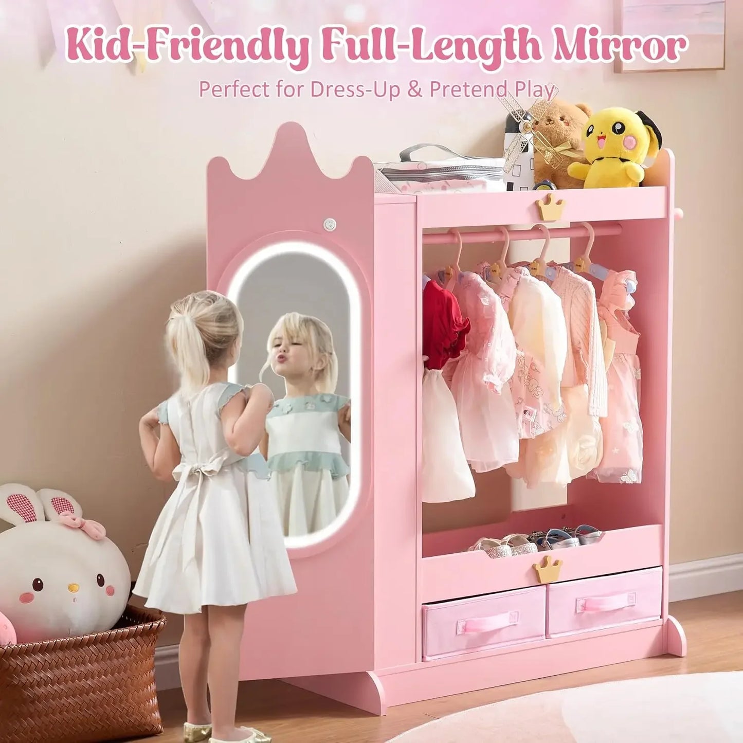 Princess Wardrobe Closet with Dual Mirrors, Hidden Jewelry Cabinet, Shelves & Hanging Rack