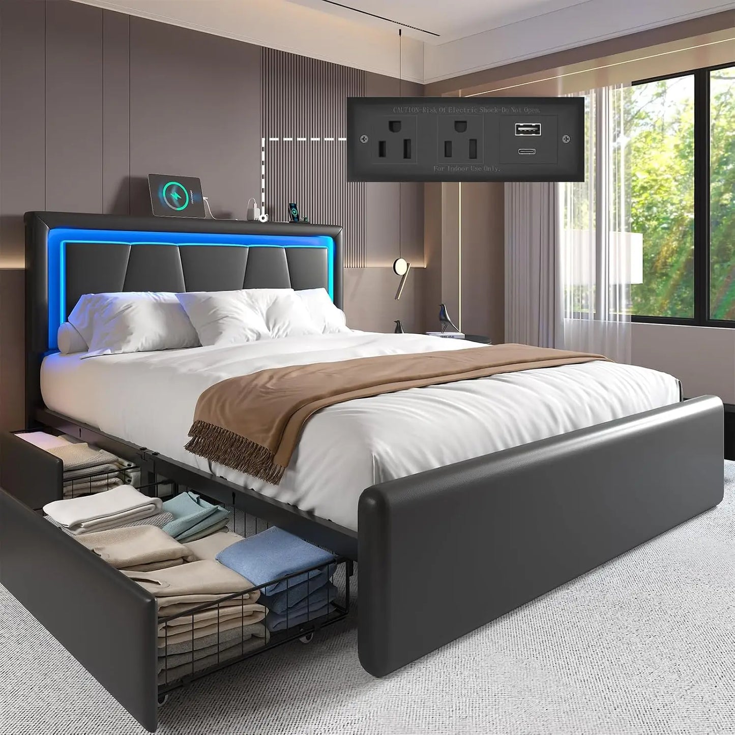 Metal Bed Frame with Adjustable Headboard Built-in Charging