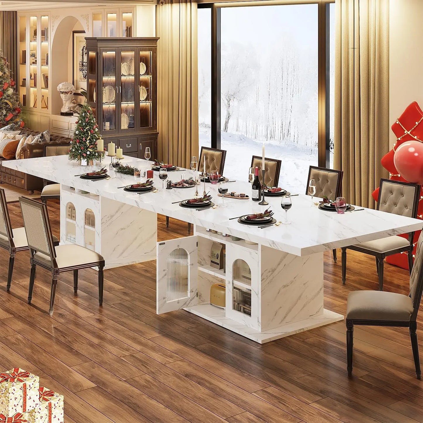 Rectangle Dining Table with Faux Marble Top Storage Shelves Cabinet
