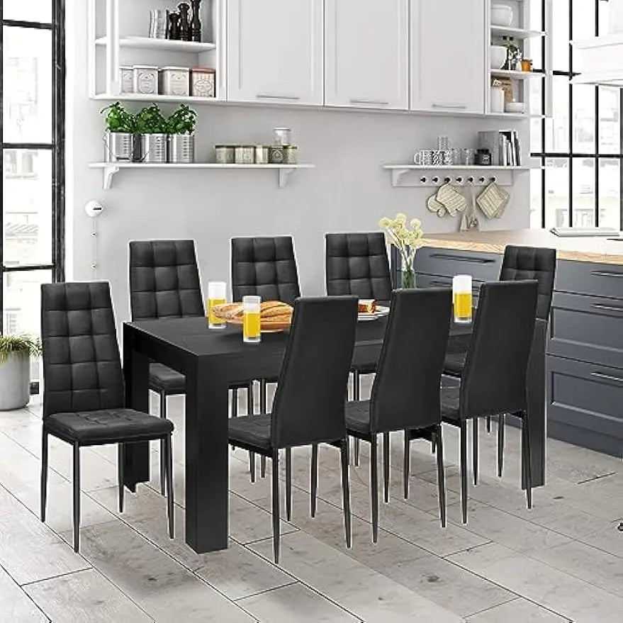 Wood Rectangular Table with 8 Upholstered Chairs Set