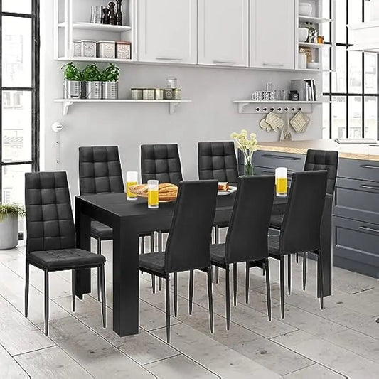 Wood Rectangular Table with 8 Upholstered Chairs Set