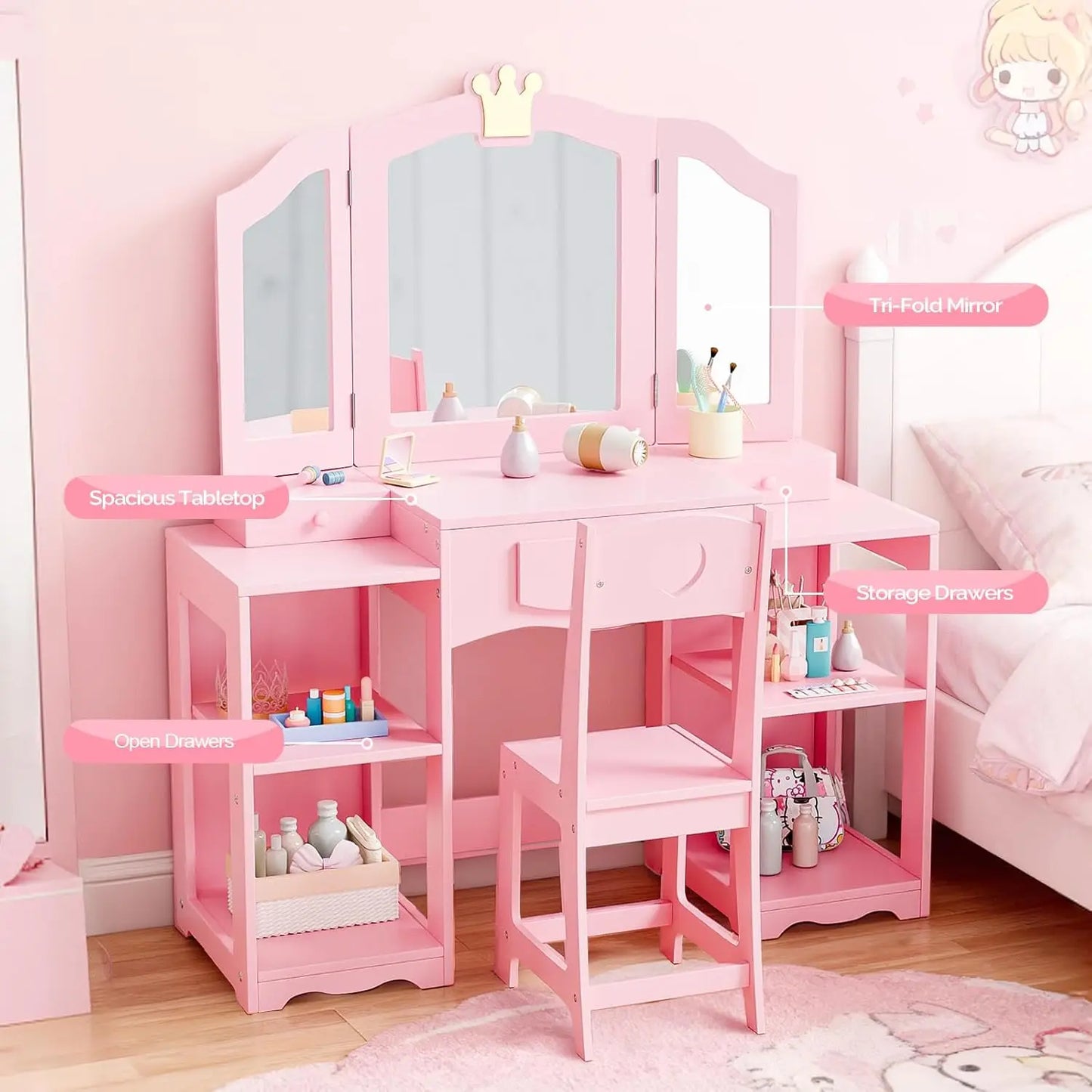 Extra-Wide Tri-Fold Mirror Vanity Table & Chair Set