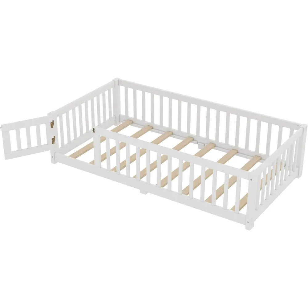 Twin Size Floor Bed with Door and Fence