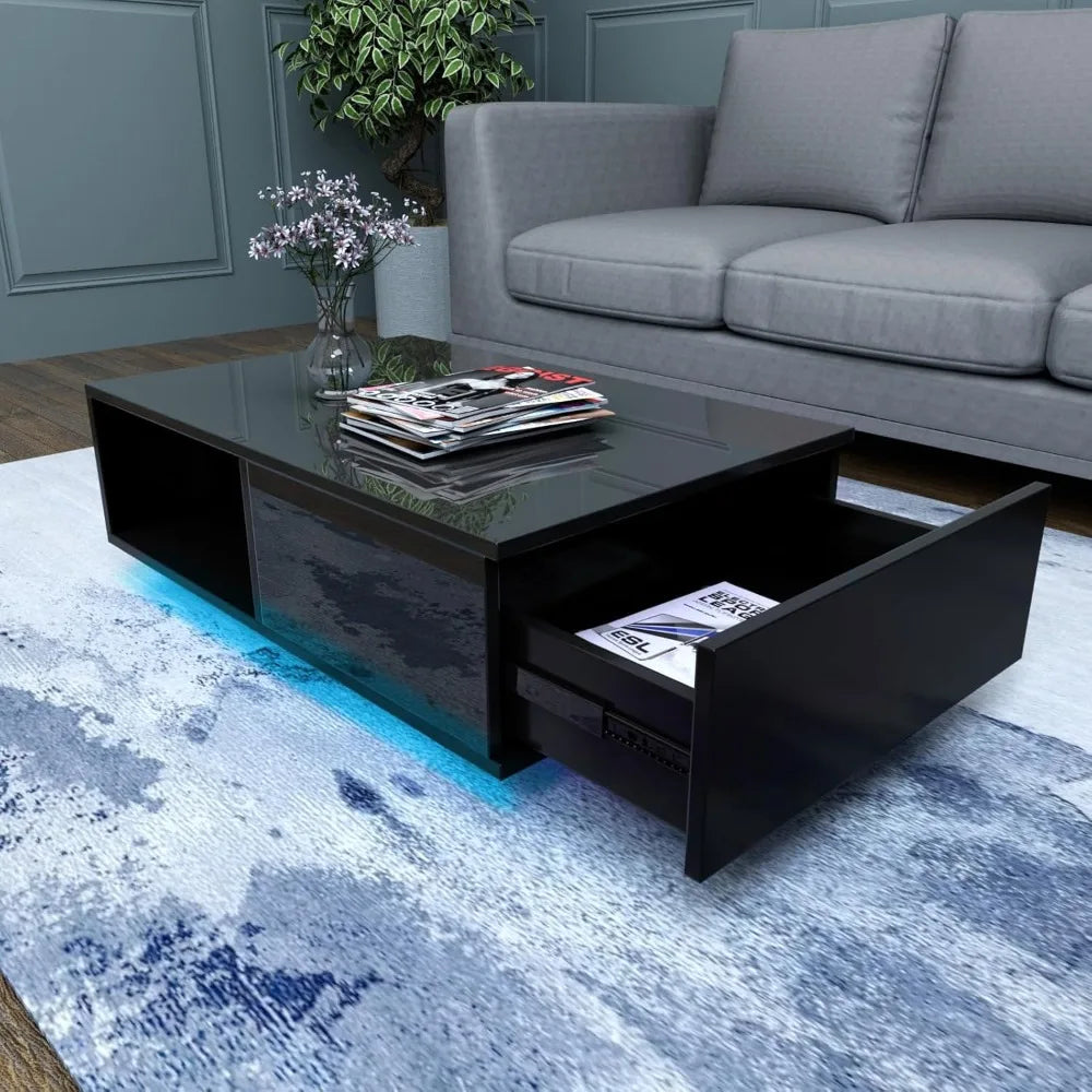 High Gloss Modern LED Coffee Table with Storage Space