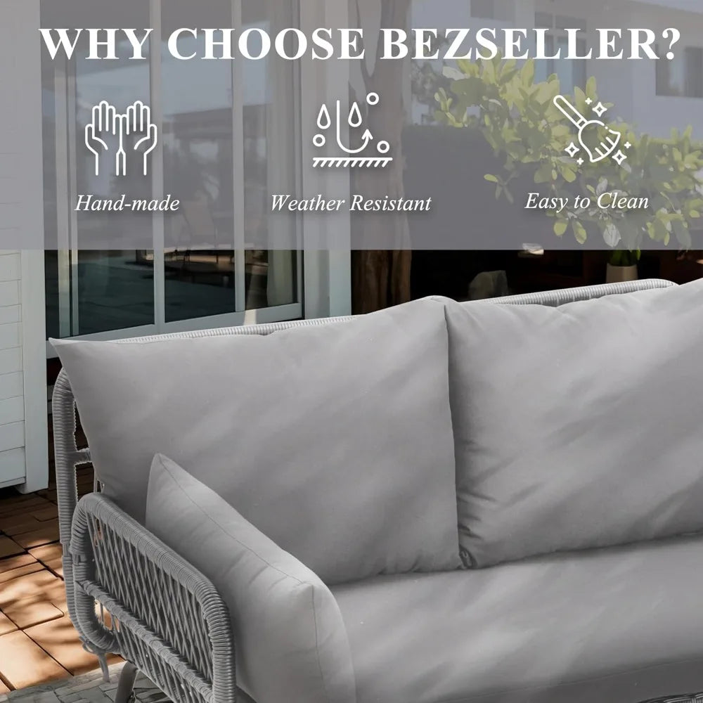 Outdoor Patio Furniture Set with Thick Cushions and Glass Coffee Table