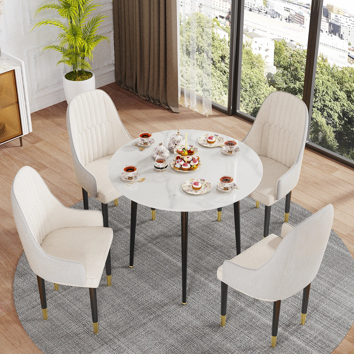 Sintered Stone Round Dining Table with Black Metal Legs