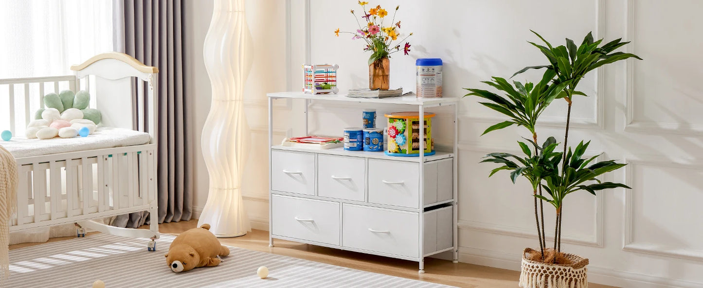 TV Stand Dresser with 5 Fabric Storage Drawers Media Console