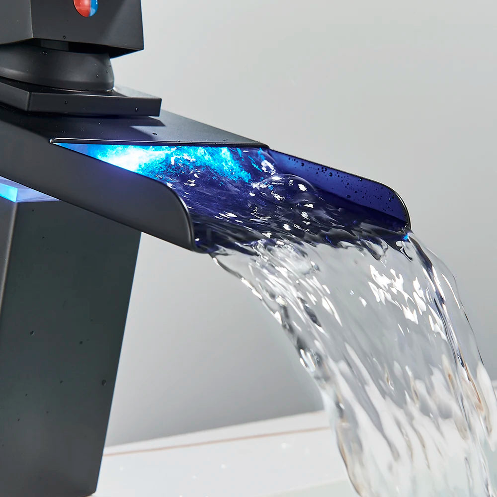Luxury LED Color Changing Waterfall Basin Sink Faucet Single Handle Deck Mounted Hot and Cold Mixer Taps
