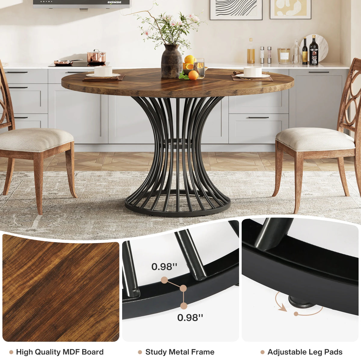 Round Dining Table with Sturdy Metal Base