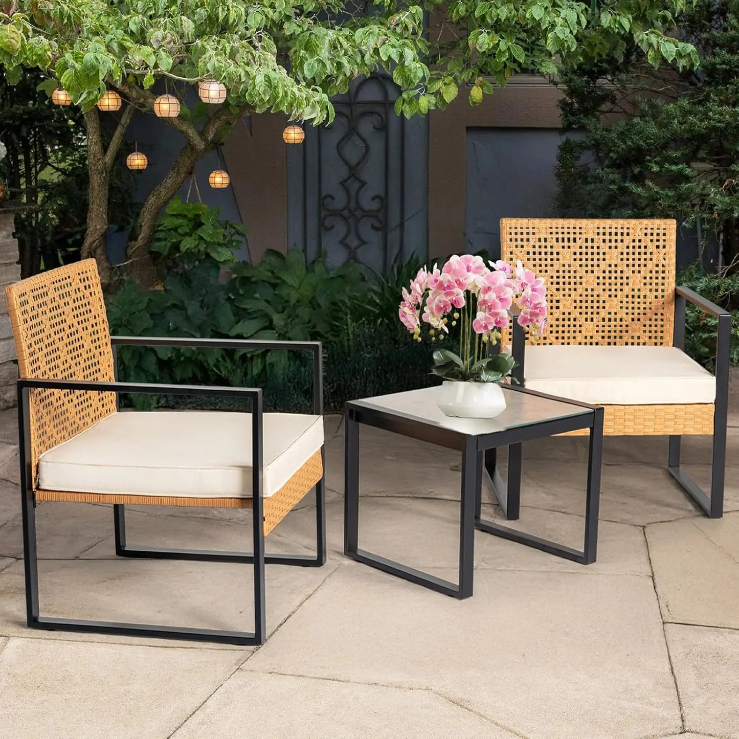 Patio Conversation Set w/2 Large Rattan Chairs and Tempered Glass Table