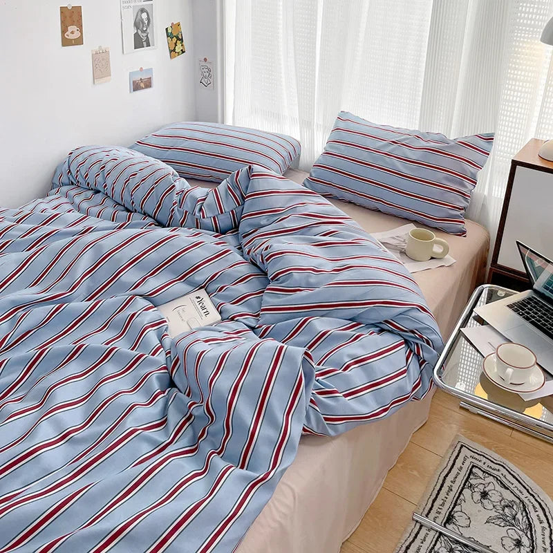 Simple Striped Duvet Cover and Four Piece Bed Sheet Set