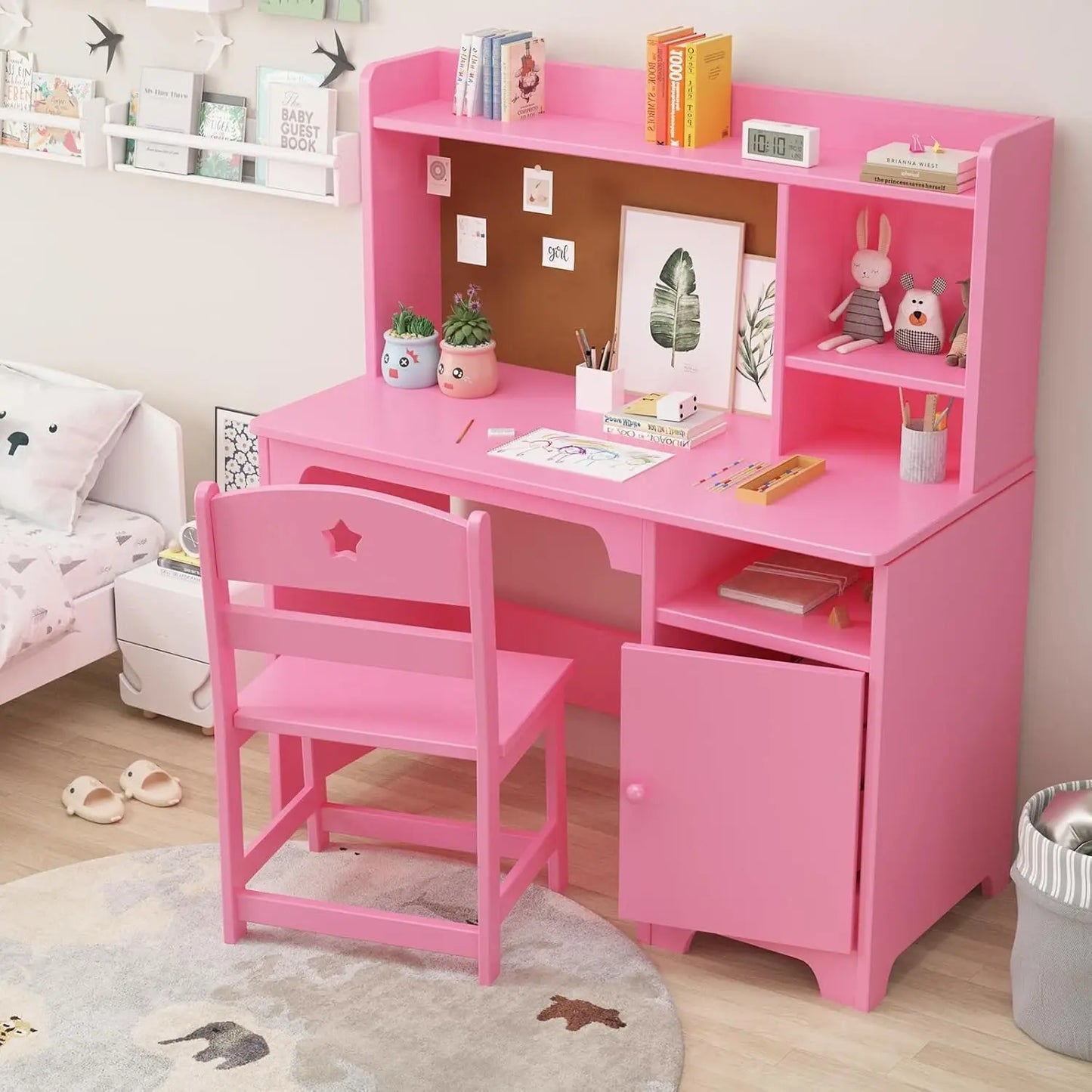 Wooden Student Writing Table Computer Workstation with Hutch Storage Cabinet