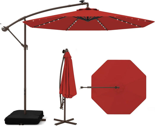 Offset Patio Umbrella with Base Included and Solar LED Lights