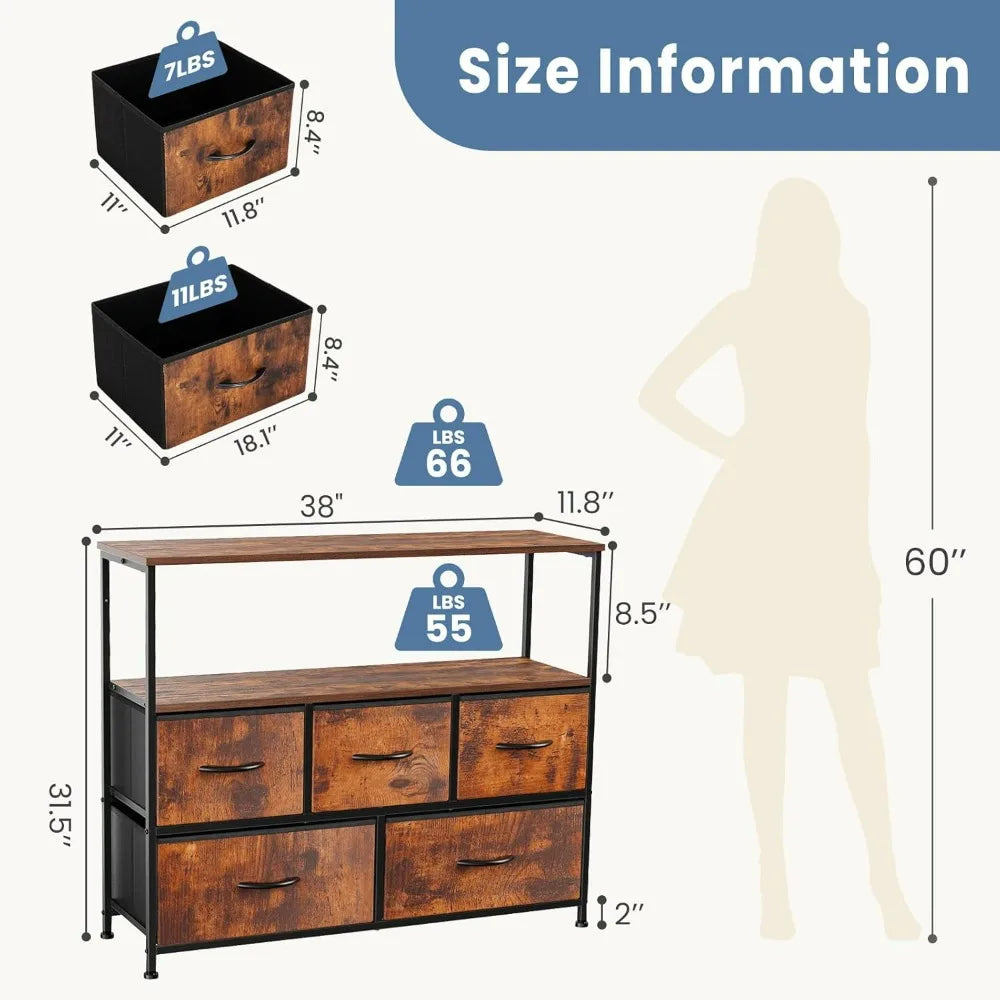 TV Stand Dresser with 5 Fabric Storage Drawers Media Console