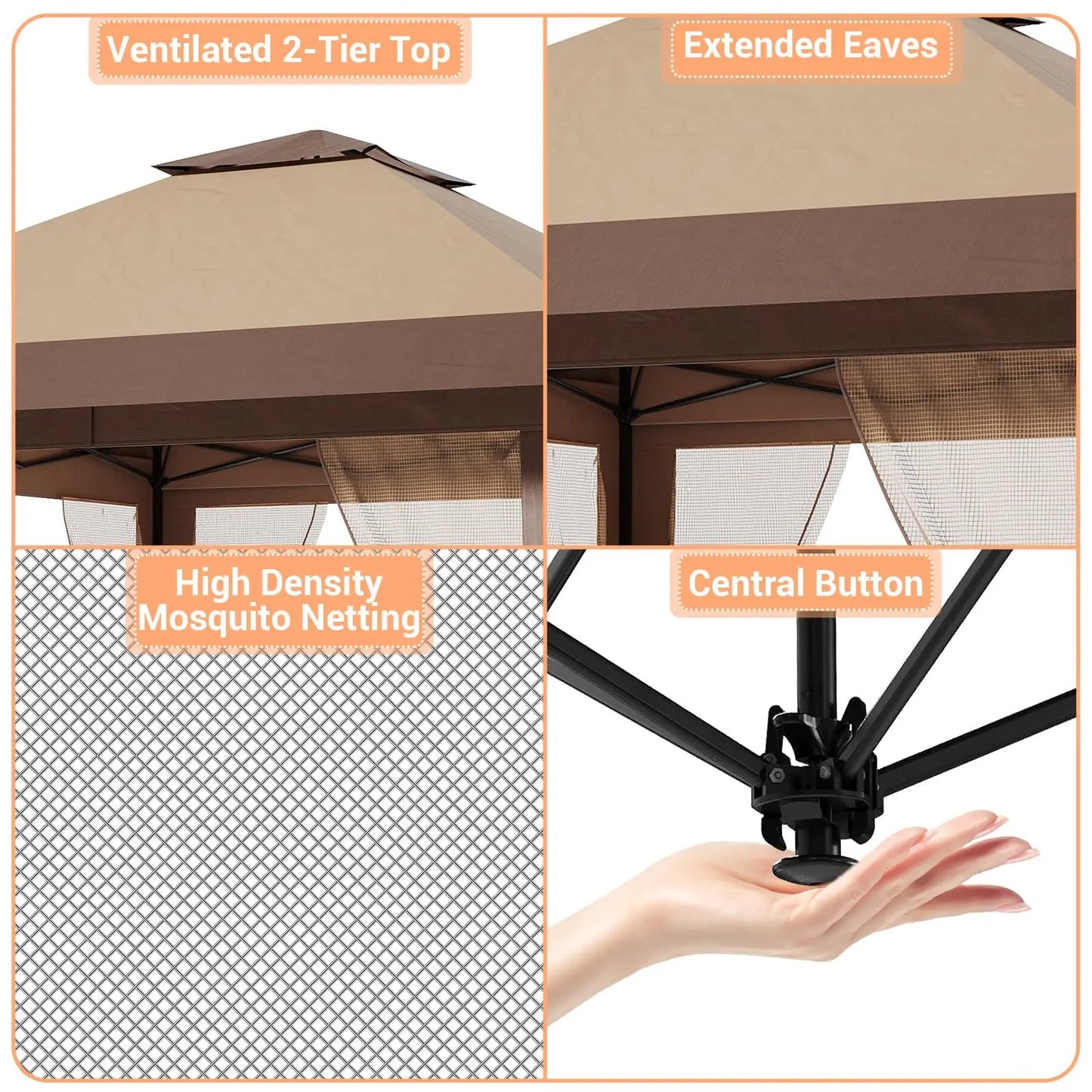 Pop-Up Gazebo Canopy with Mosquito Netting, One-Push Setup and Height Adjustable