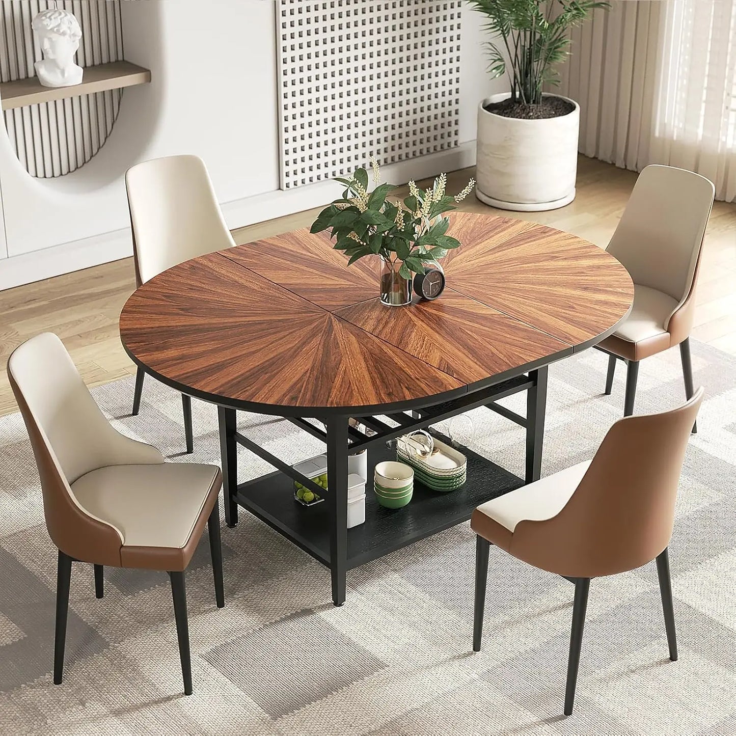 Extendable Round Dining Table with Wine Rack Storage Shelf