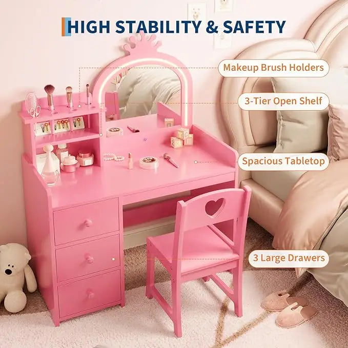 Kids Vanity with Lights, 2 in 1 Princess Makeup Vanity Desk & Chair Set