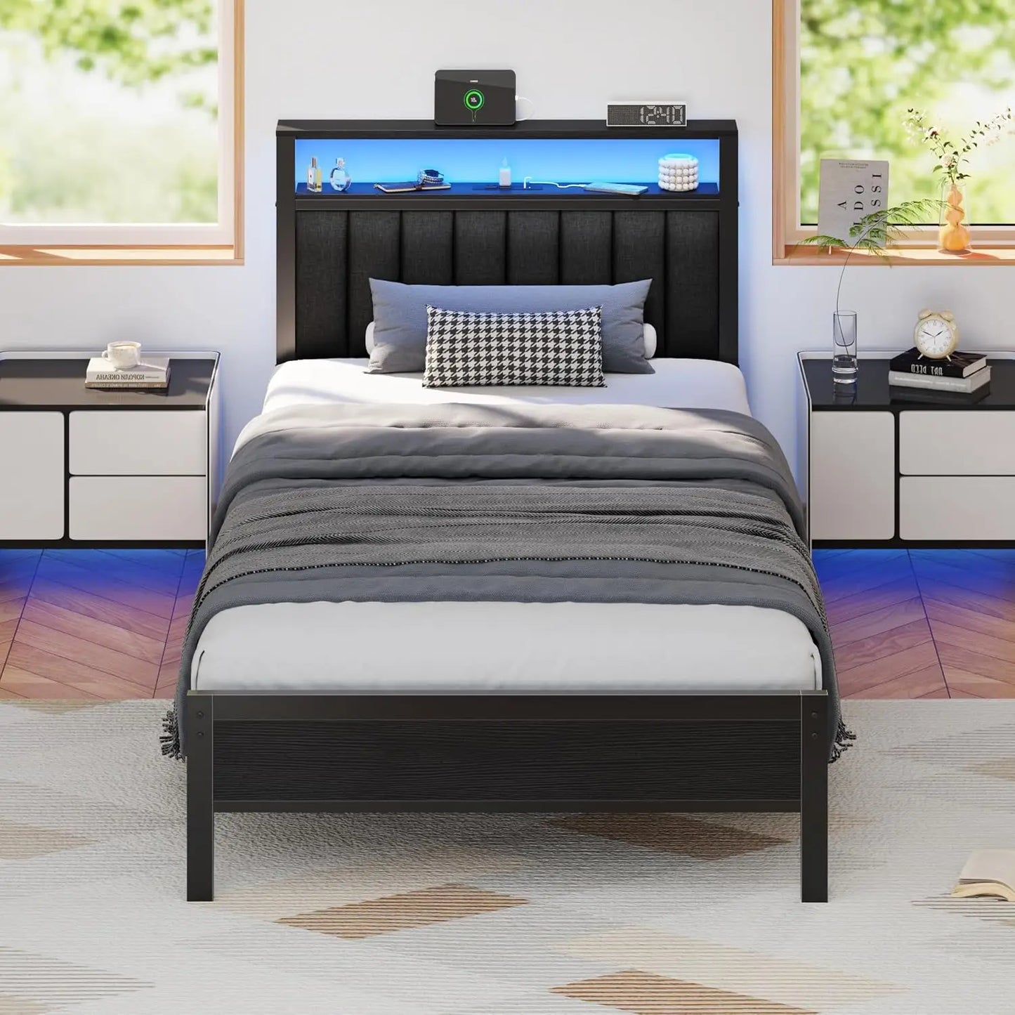 Twin Size Bed Frame with Charging Station and LED Lights