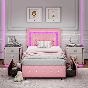 Twin Bed Frame with Storage Drawers & LED Lights